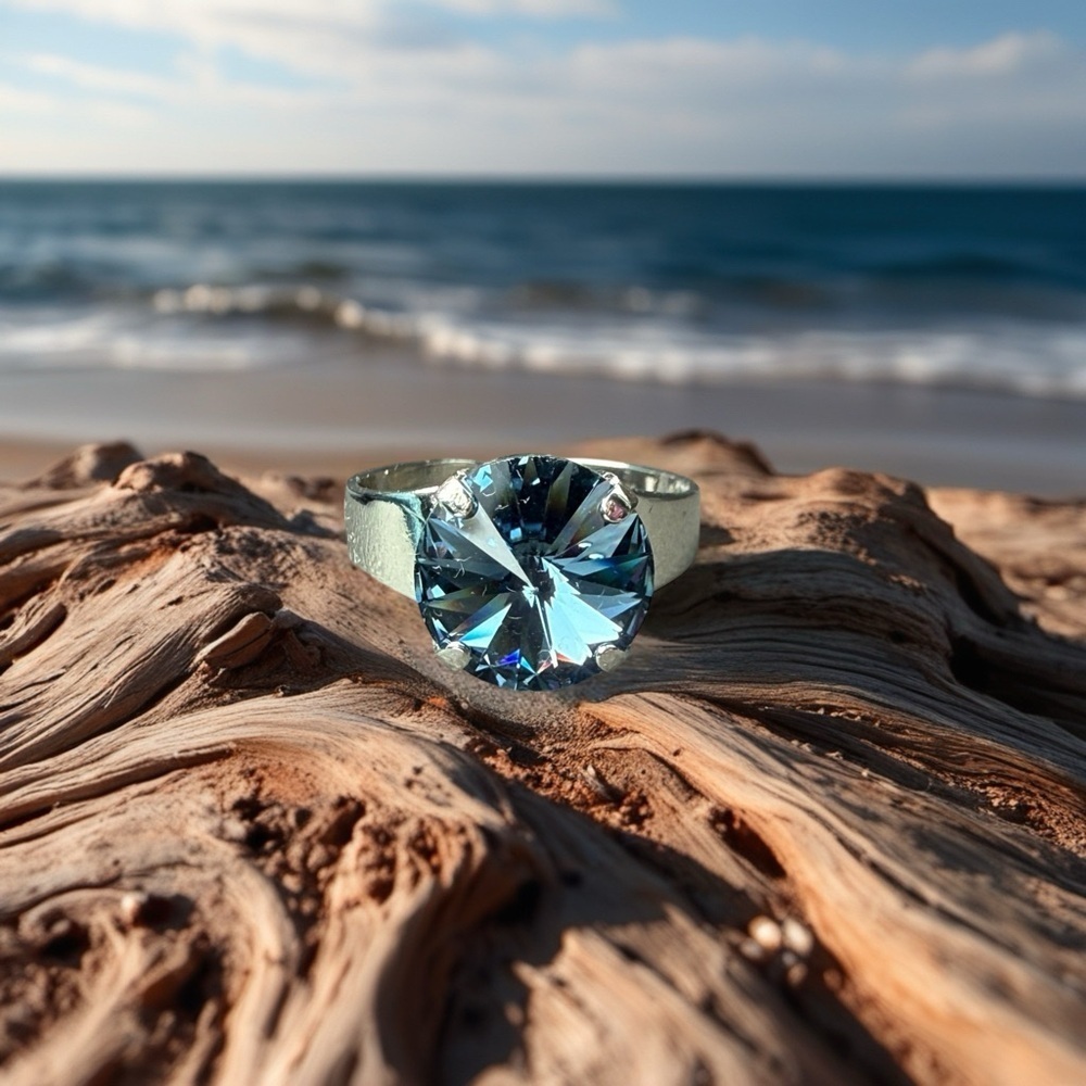 Handcrafted ring made with Swarovski denim blue crystal adjustable fit - Picture 3 of 4